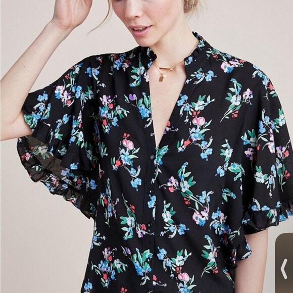 Anthropologie Maeve Floral Flutter Sleeve Black Button Down Shirt - Picture 1 of 7